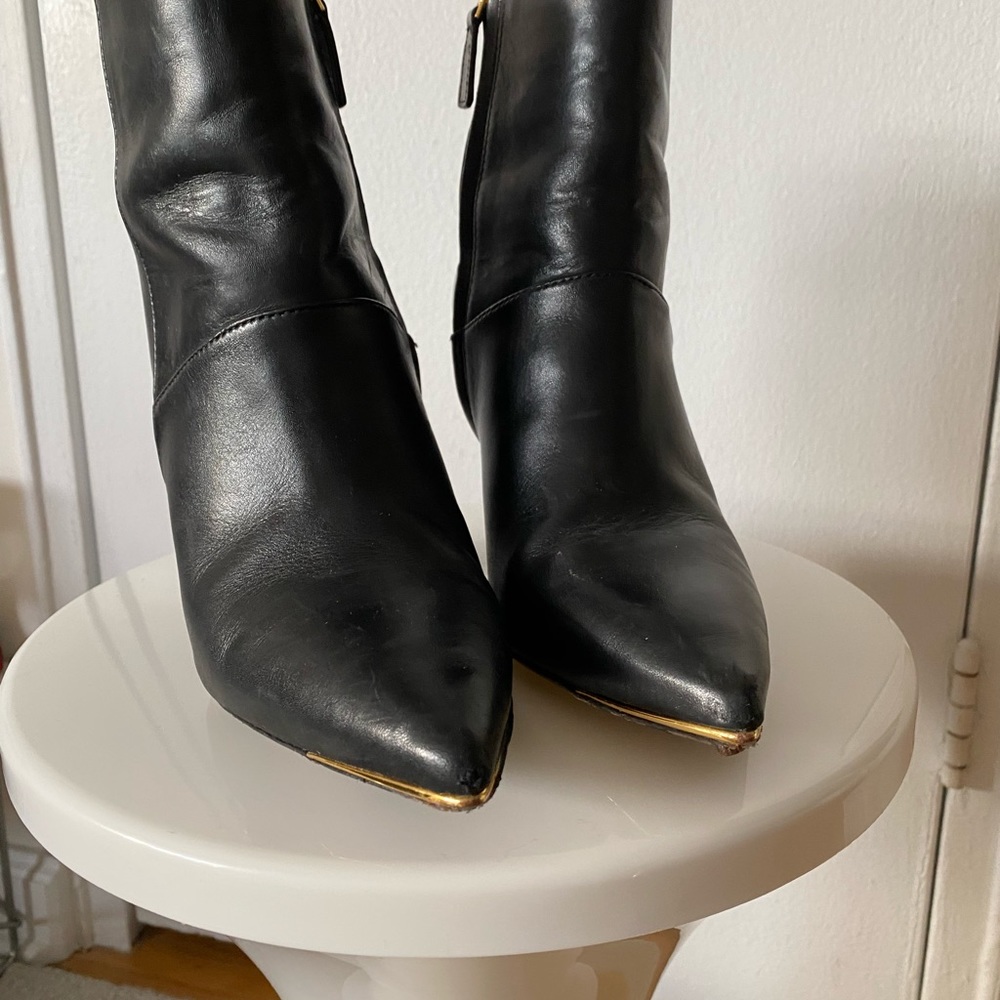 Tory Burch Black Leather Ankle Boots - Lila Eel Gold Tip, Edgy Profile
